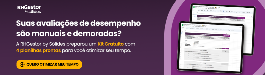 dois tablets com a tela mostrando a planilha de avaliação de desempenho da rhgestor by sólides em um fundo com três tons de roxo