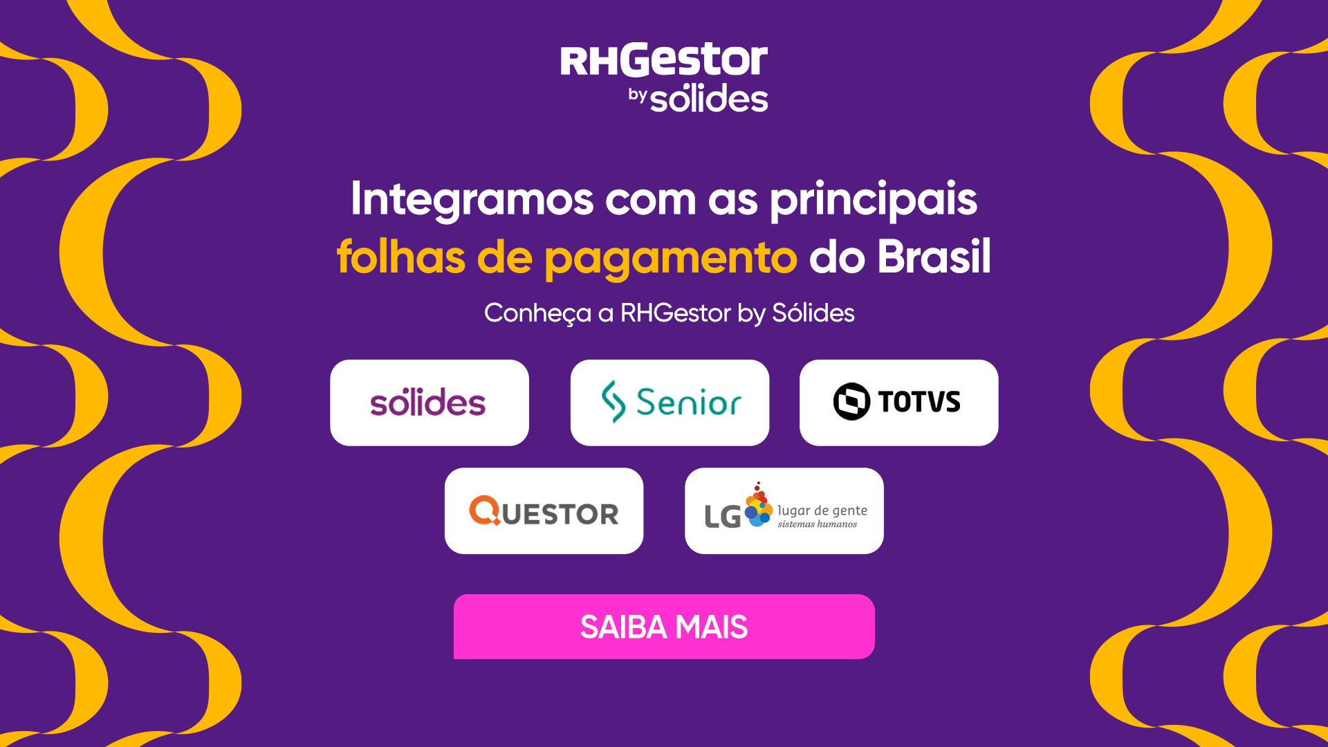 ondas em amarelo em cima de um roxo escuro com texto centralizado e 5 logotipos de empresas