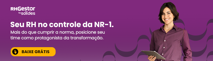 mulher de cabelos escuros e curtos, utilizando uma camisa roxa ao lado direto, segurando um tablet. Ao seu lado esquerdo está um texto