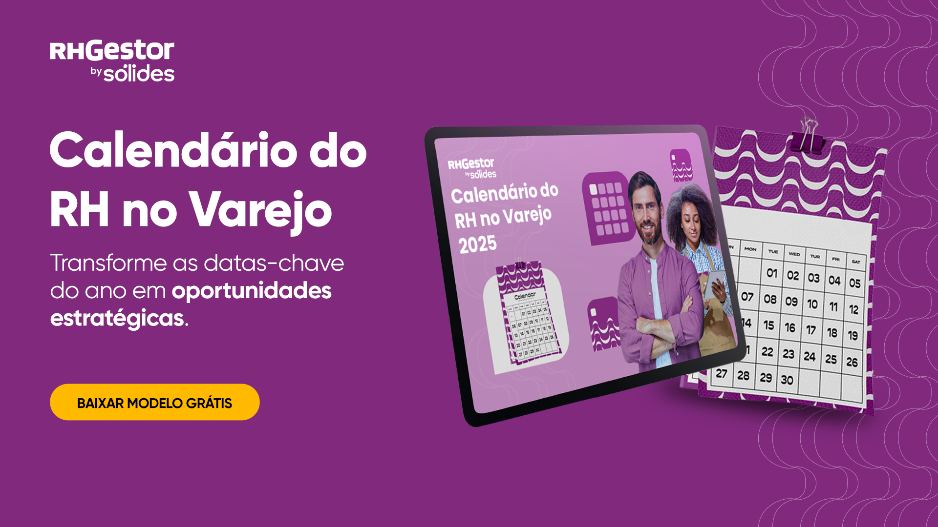 Mockup de um tablet com duas pessoas e um calendário