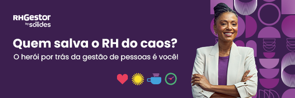 Mulher de braços cruzados e sorrindo em frente a elementos circulares em roxo e a direita do texto: “quem salva o RH do caos? O herói por trás da gestão de pessoas é você’’