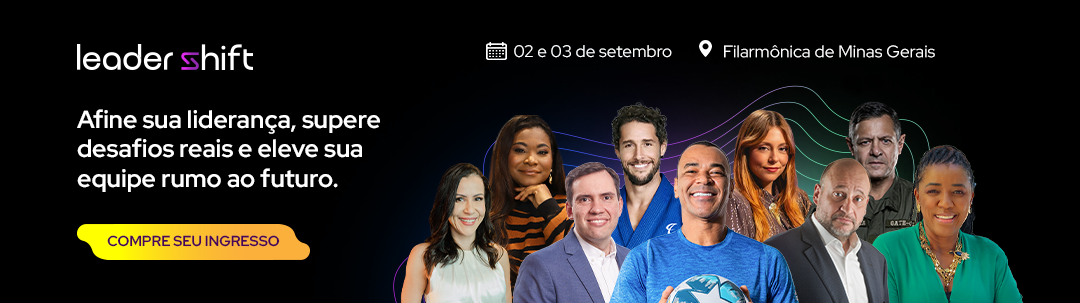 9 pessoas em um fundo preto com texto chamando para as inscrições do evento Leader Shift